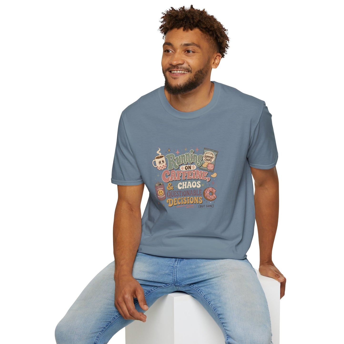Running on Caffeine & Chaos T-Shirt | Coffee Mug Donut Illustration