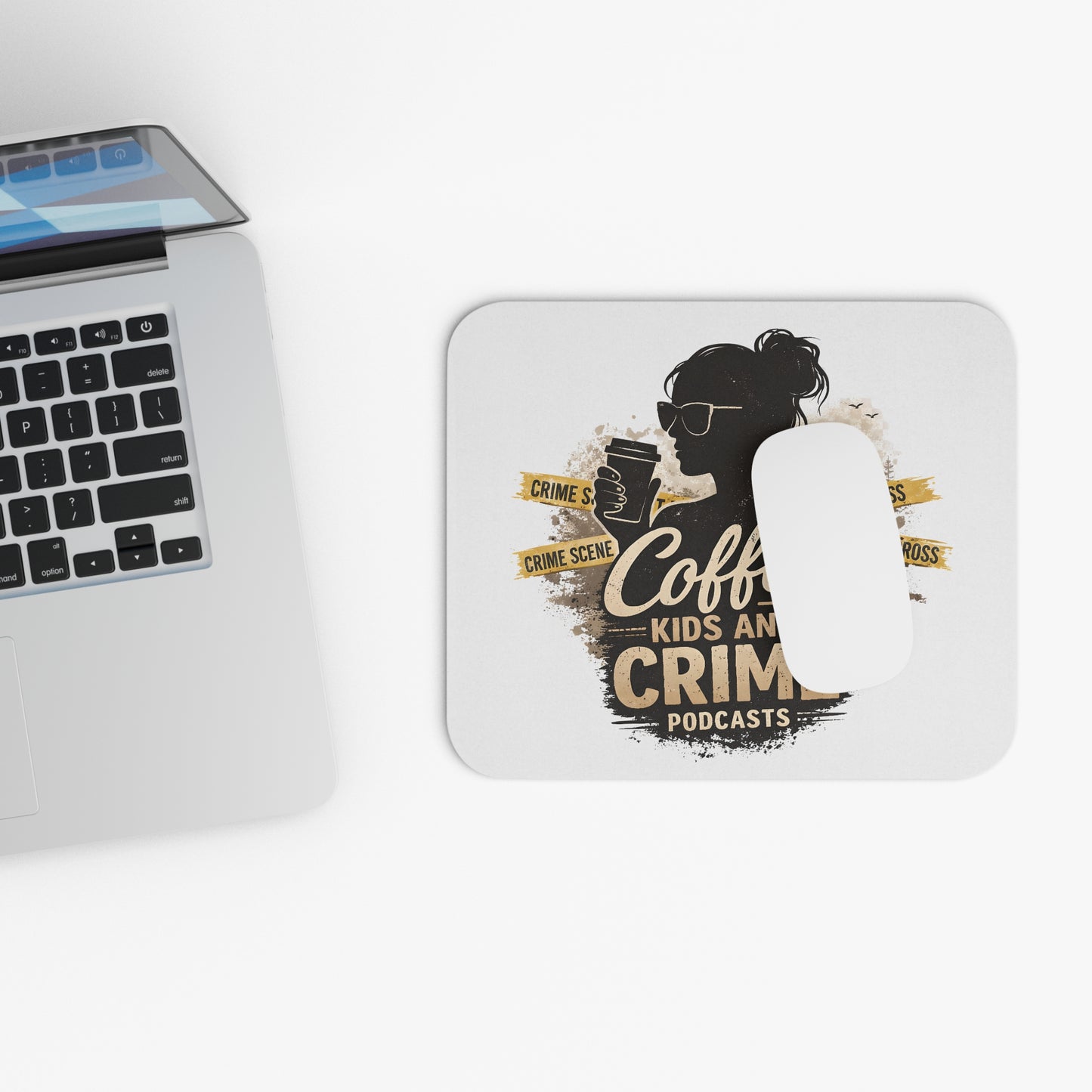 Coffee Kids and Crime Podcast Mouse Pad | True Crime, Coffee Lover Desk Mat