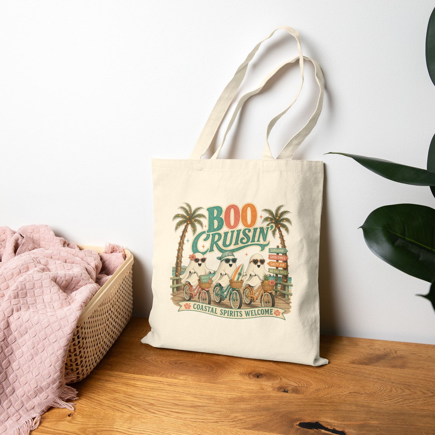 Boo Cruisin' ghost beach scene Tote | Halloween coastal spooky palm trees