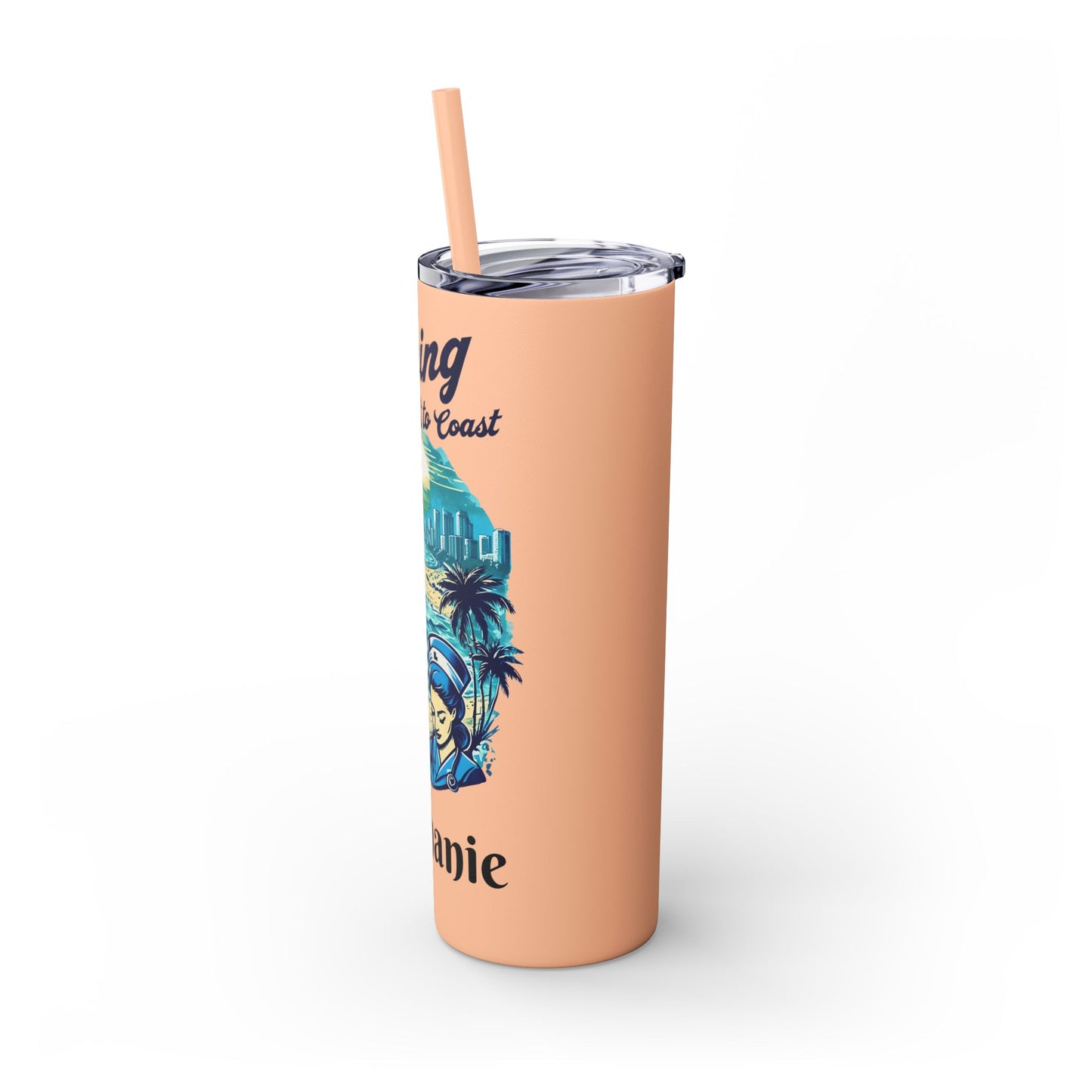 Travel Nurse Skinny Tumbler, Personalized with Name, Perfect Gift for Beach Lovers, Summer Adventures, Eco-Friendly Drinkware, Miami Theme