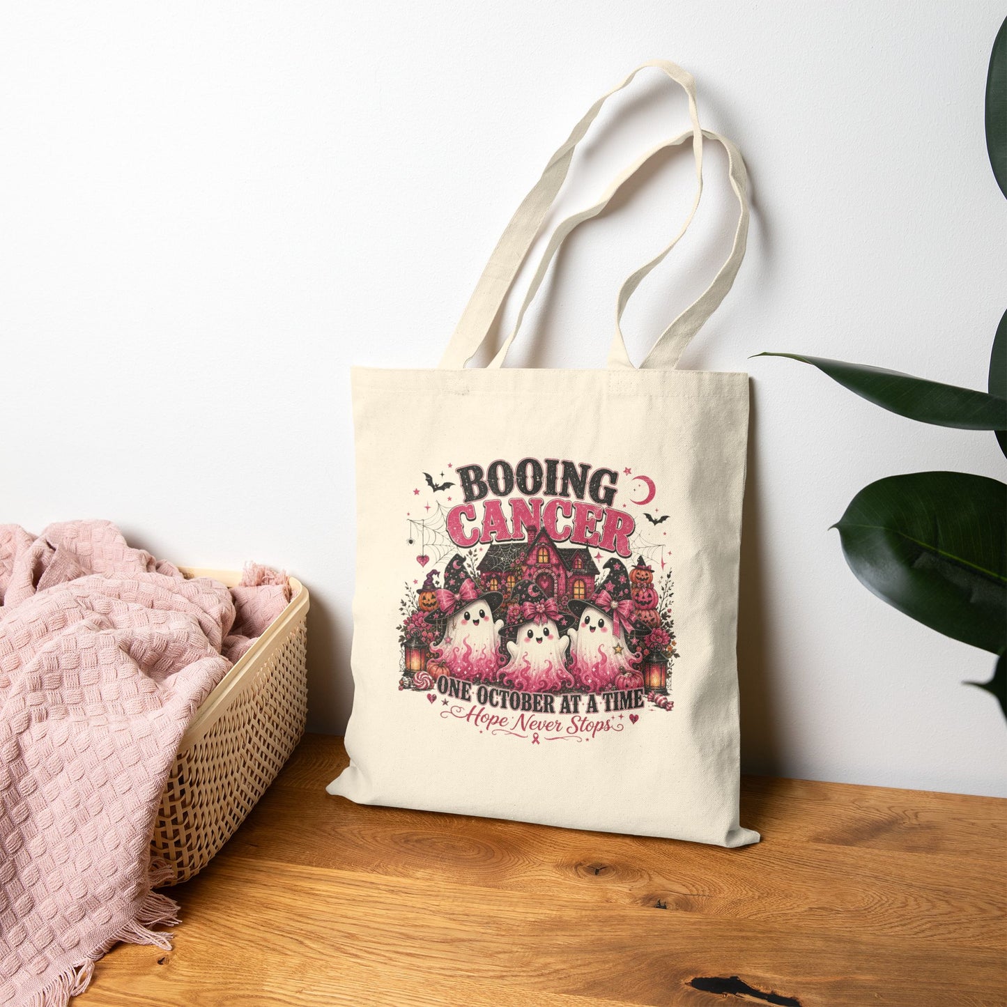Booing Cancer Tote Bag | Halloween Ghosts, October Awareness