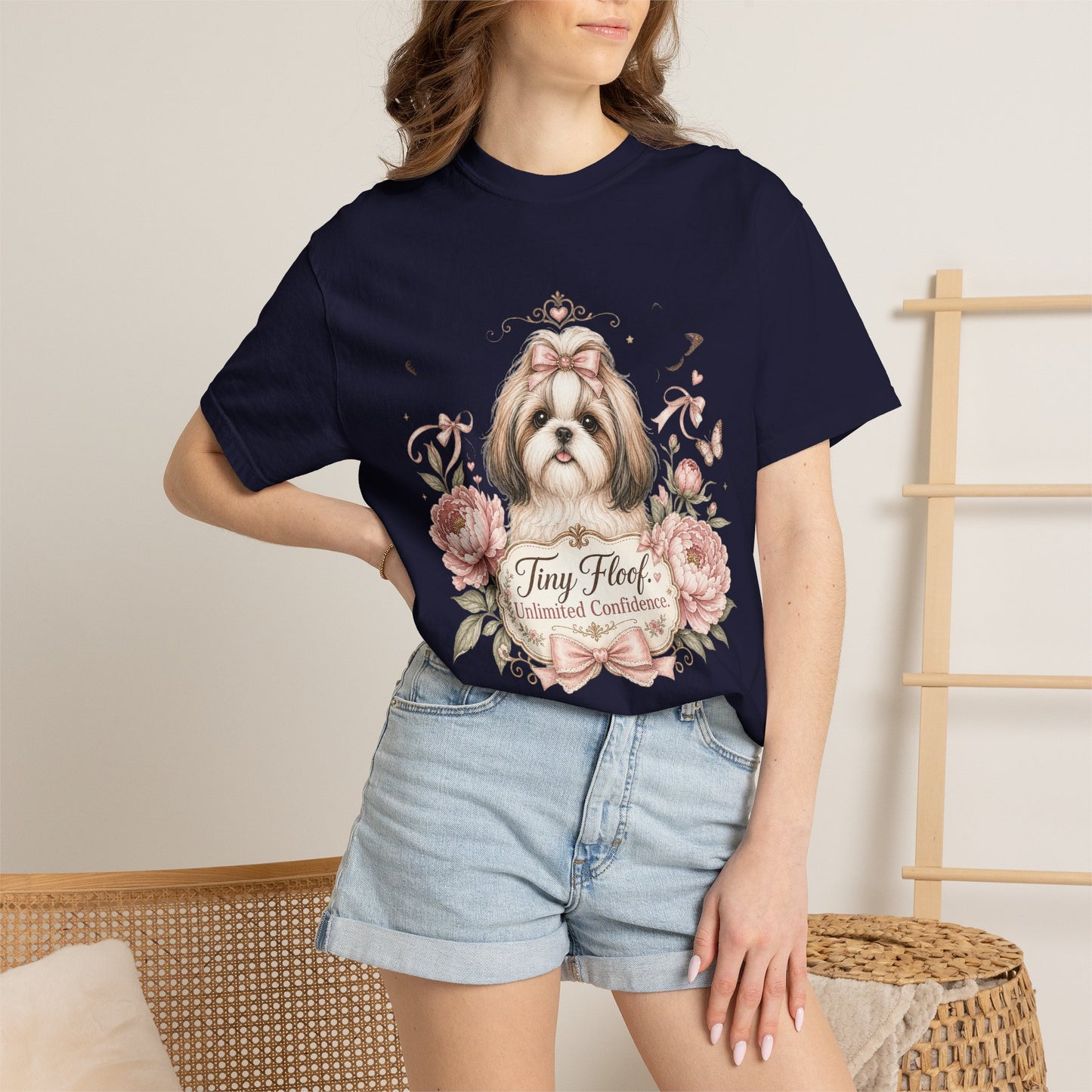 Shih Tzu Floral Portrait T-Shirt | Tiny Floof Illustration, Pink Roses