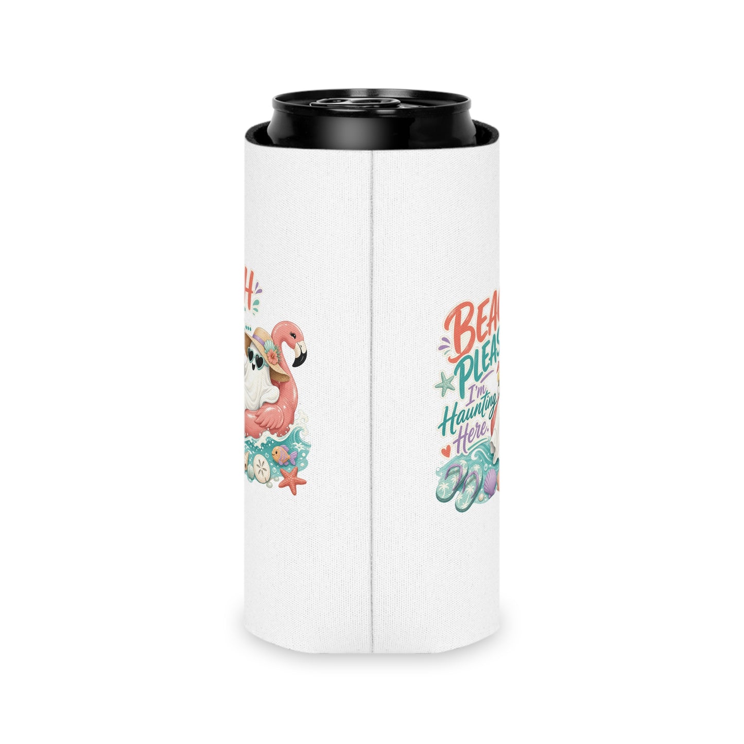 Beach Please Ghost Flamingo Can Cooler | Summer Beach Drink Sleeve