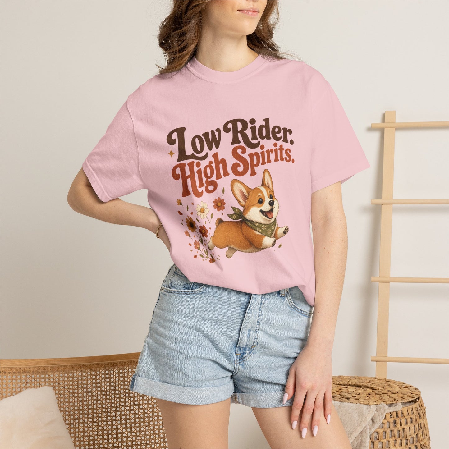 Low Rider High Spirits Corgi T-Shirt | Running Corgi Illustration, Autumn Leaves