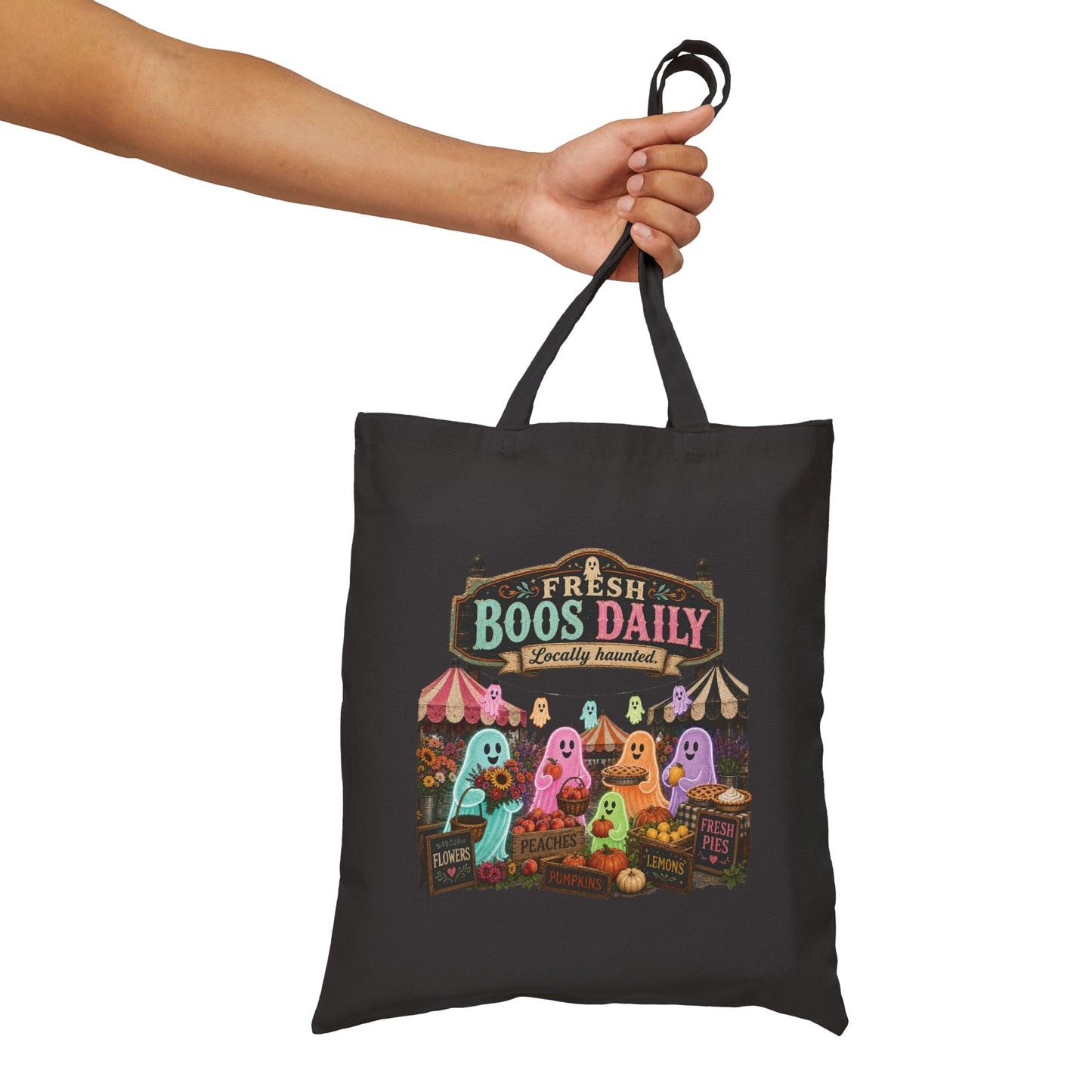 Fresh Boos Daily ghost market Tote Bag | Halloween trick-or-treat canvas tote