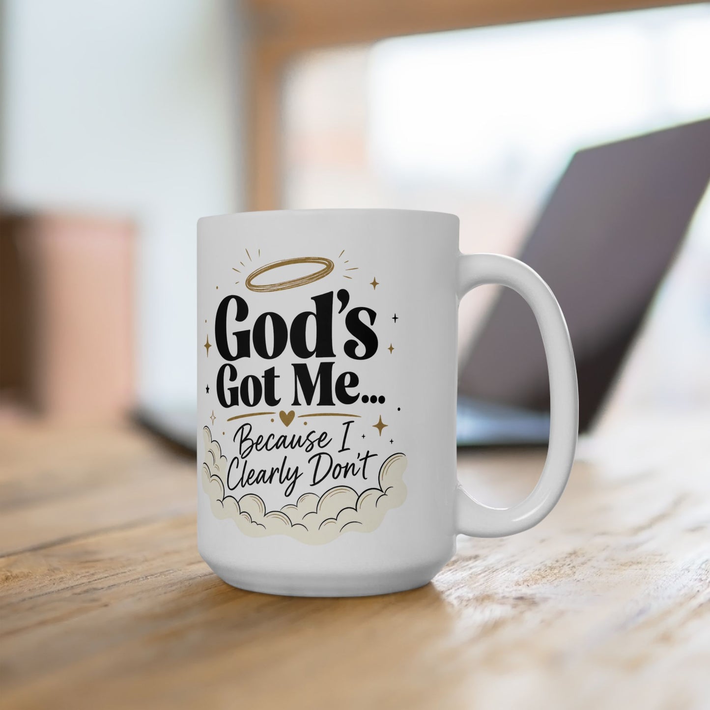 God's Got Me Mug | Religious Christian Coffee Cup with Halo & Clouds
