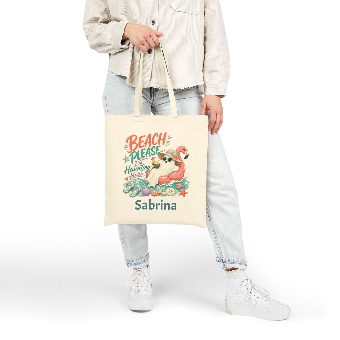 Beach Please Ghost Flamingo Tote Bag | Summer Beach Illustration, Personalized Option