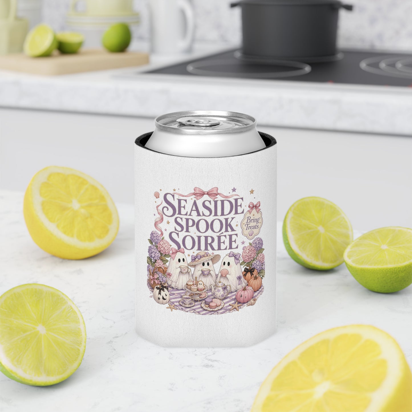 Seaside Spook Soiree Can Cooler | Halloween Ghost Picnic Cooler Sleeve