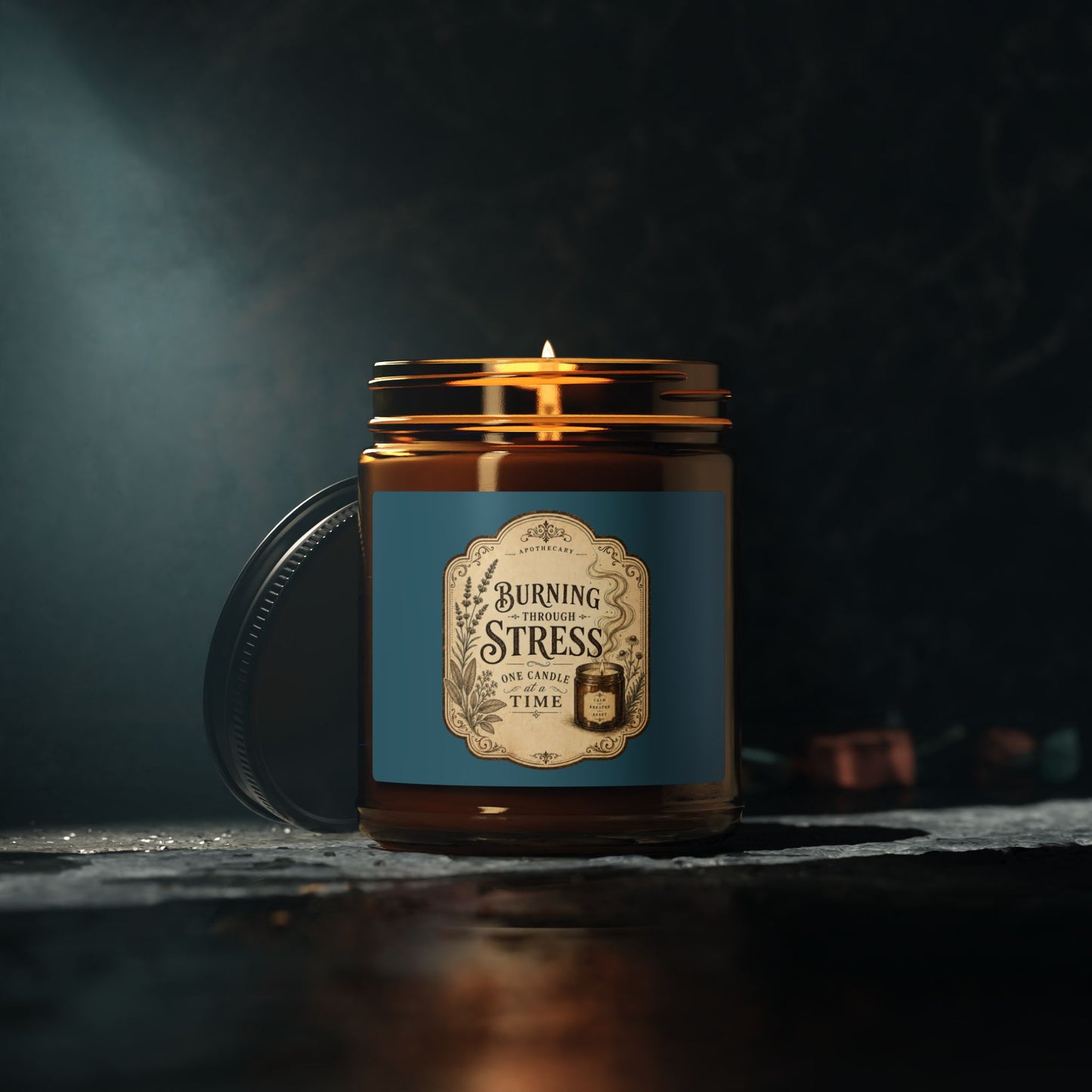 Burning Stress vintage label Soy Candle | Amber Jar