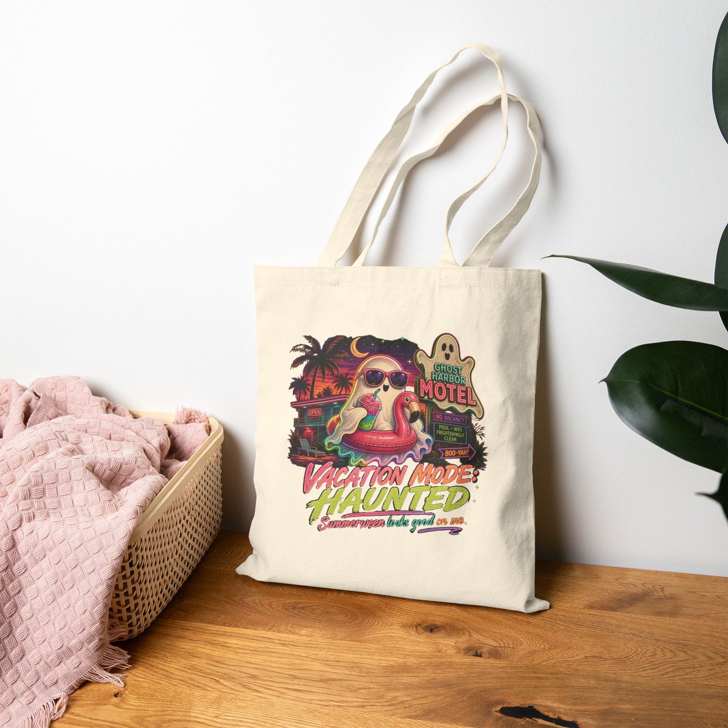 Vacation Mode Haunted Tote Bag | Retro Ghost Motel Beach Illustration