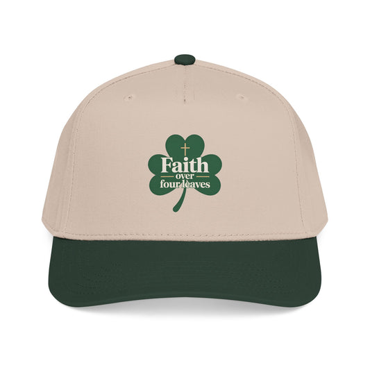 Faith Over Four Leaves Shamrock Mid Profile Baseball Cap | Religious St. Patrick's