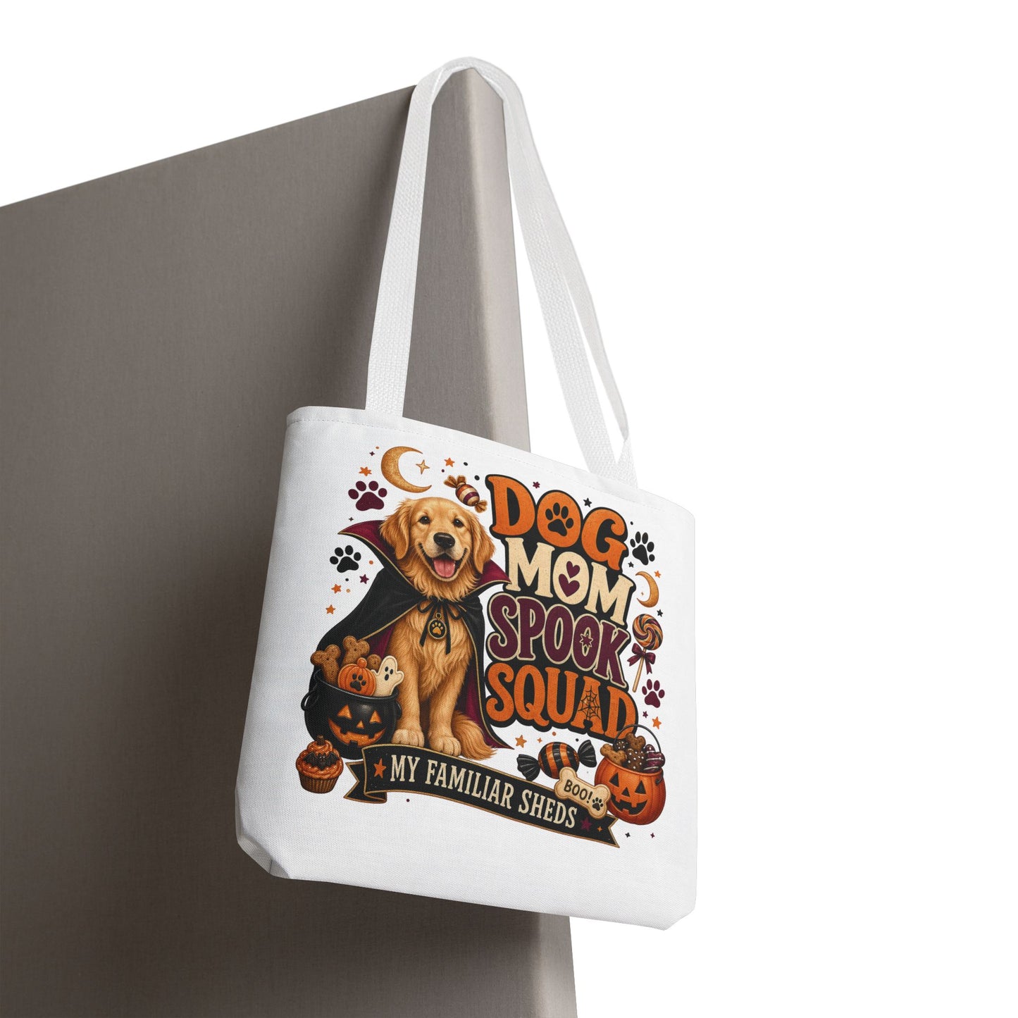 Dog Mom Spook Squad Tote Bag | Halloween Golden Retriever Pumpkin Design