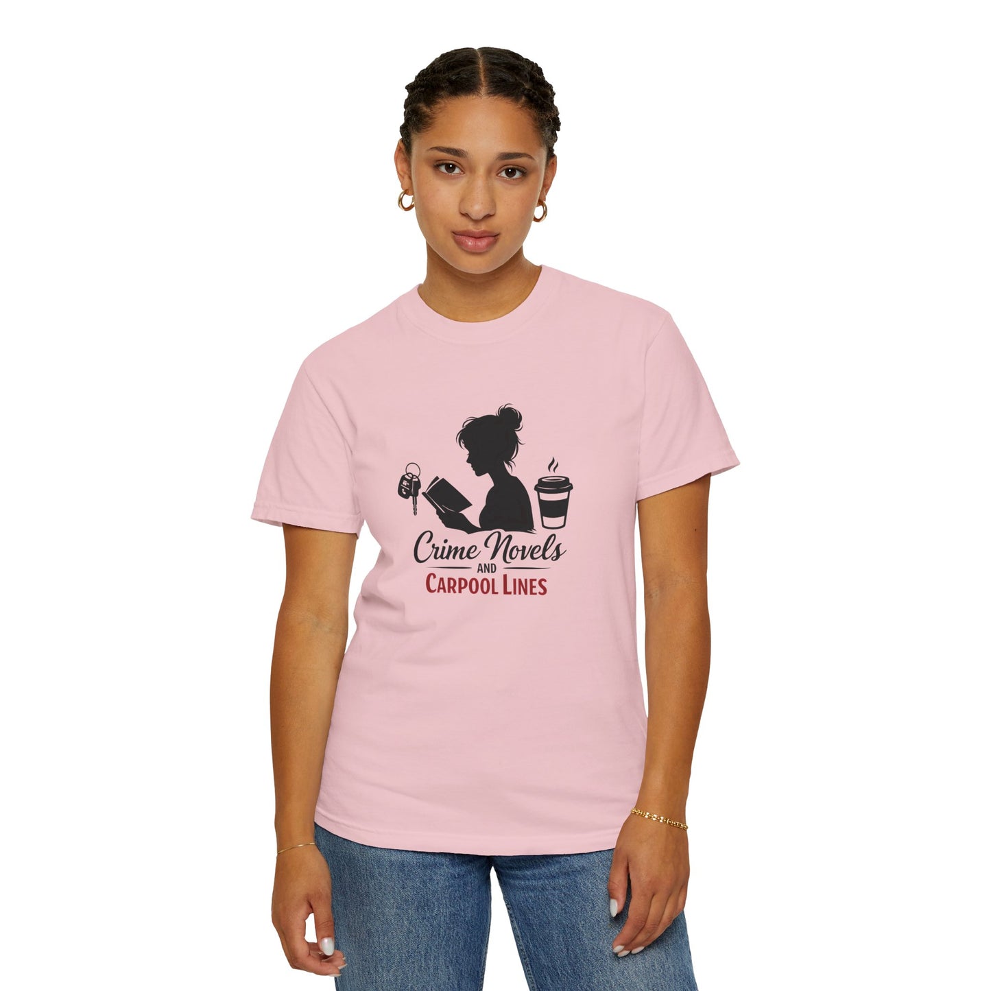 Crime Novels and Carpool Lines T-shirt | Reading Mom Silhouette, Coffee Graphic
