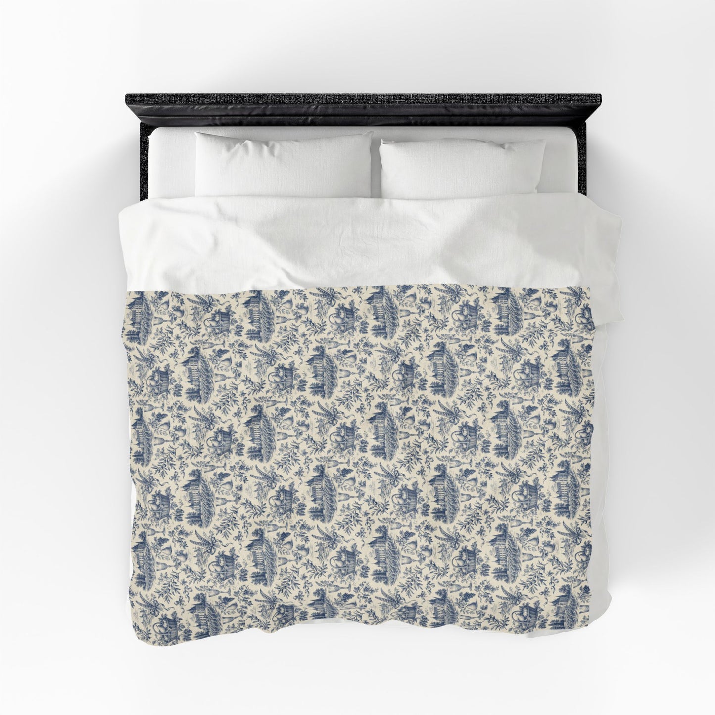 French Harvest Toile Landscape Velveteen Plush Blanket | Vintage Cottage Pattern