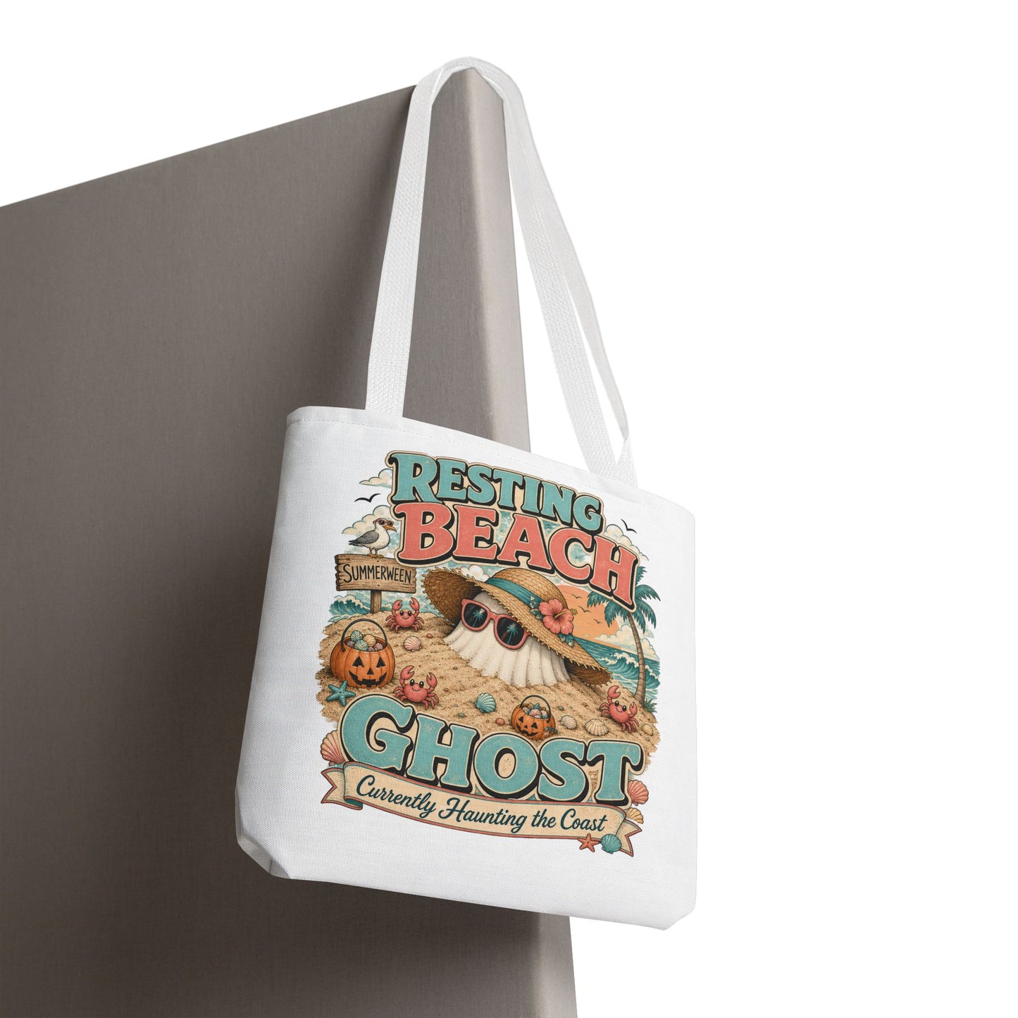 Resting Beach Ghost Tote Bag | Halloween Beach Ghost Illustration