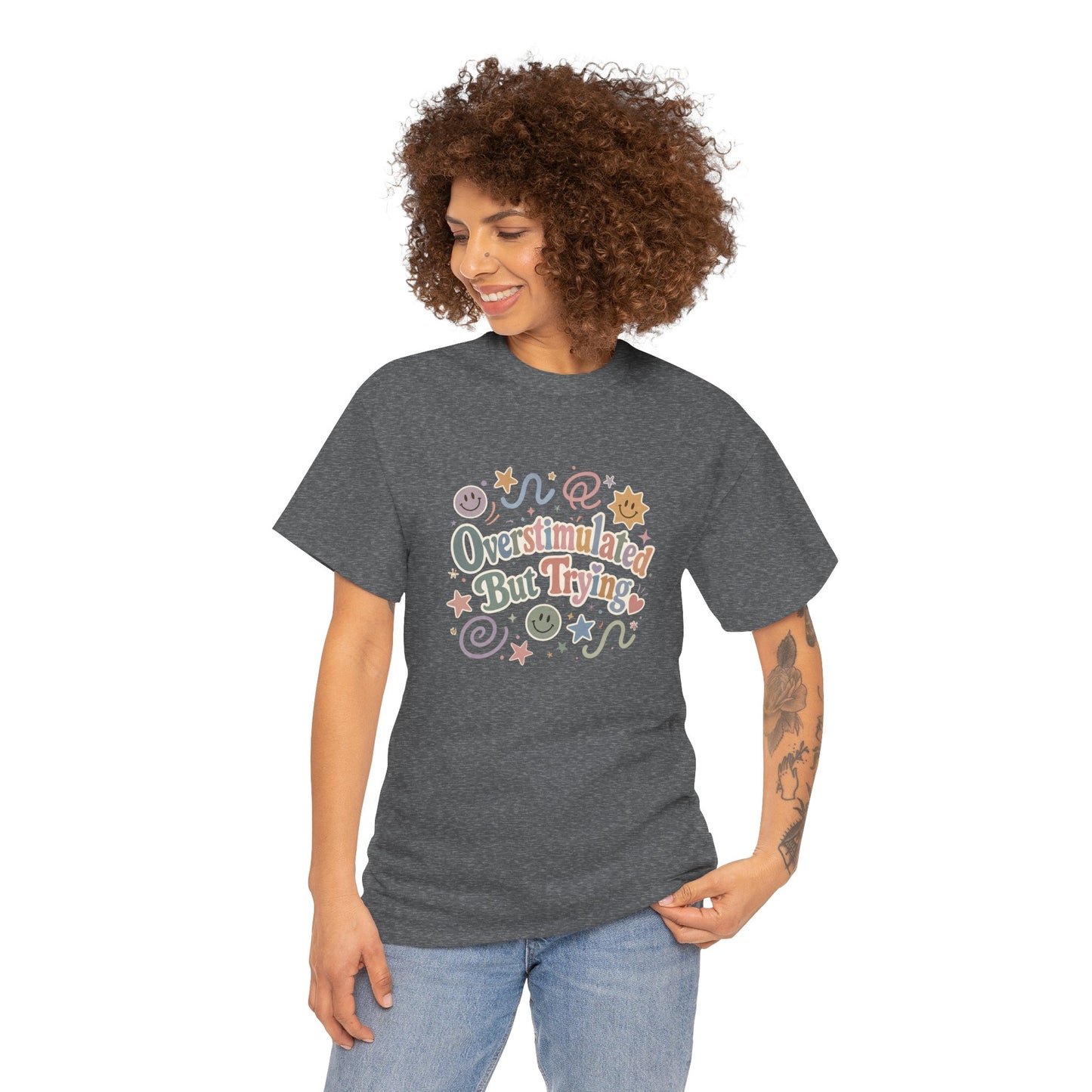 Overstimulated But Trying tee | Funny Mental Health Shirt, Cute Retro Doodles