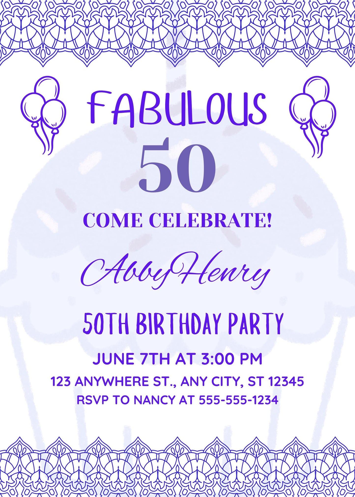 Elegant Purple 50th Birthday Invitation Template: Cupcake Design (Digital Download, 5x7 inch, Canva Editable)