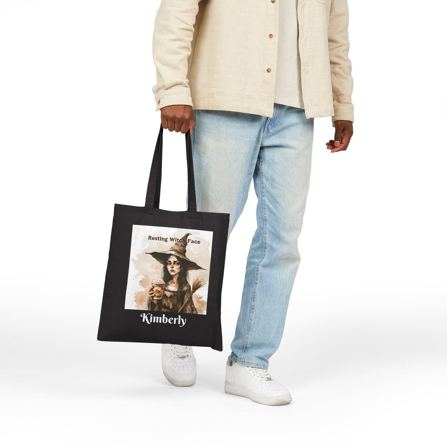 Resting Witch Face Tote Bag: Halloween Cotton Canvas Carryall