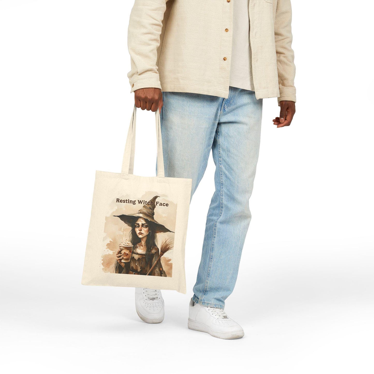 Resting Witch Face Tote Bag: Halloween Cotton Canvas Carryall