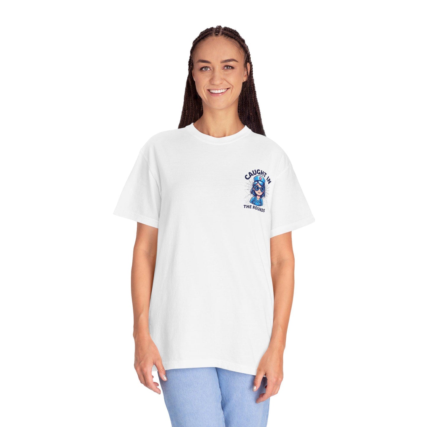 Unisex Graphic Tee - 'Caught in the Rounds', Casual Wear, Gift for Friends, Comfortable Everyday Tee, Fun Summer Shirt, Halloween Nurse