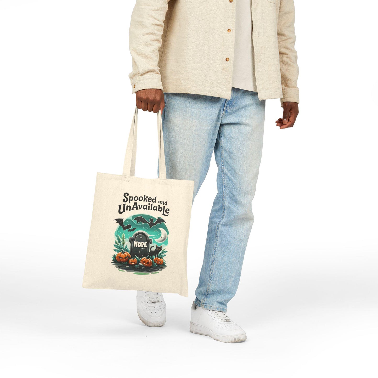 Spooked and Unavailable Halloween Tote Bag: Cotton Canvas Trick or Treat