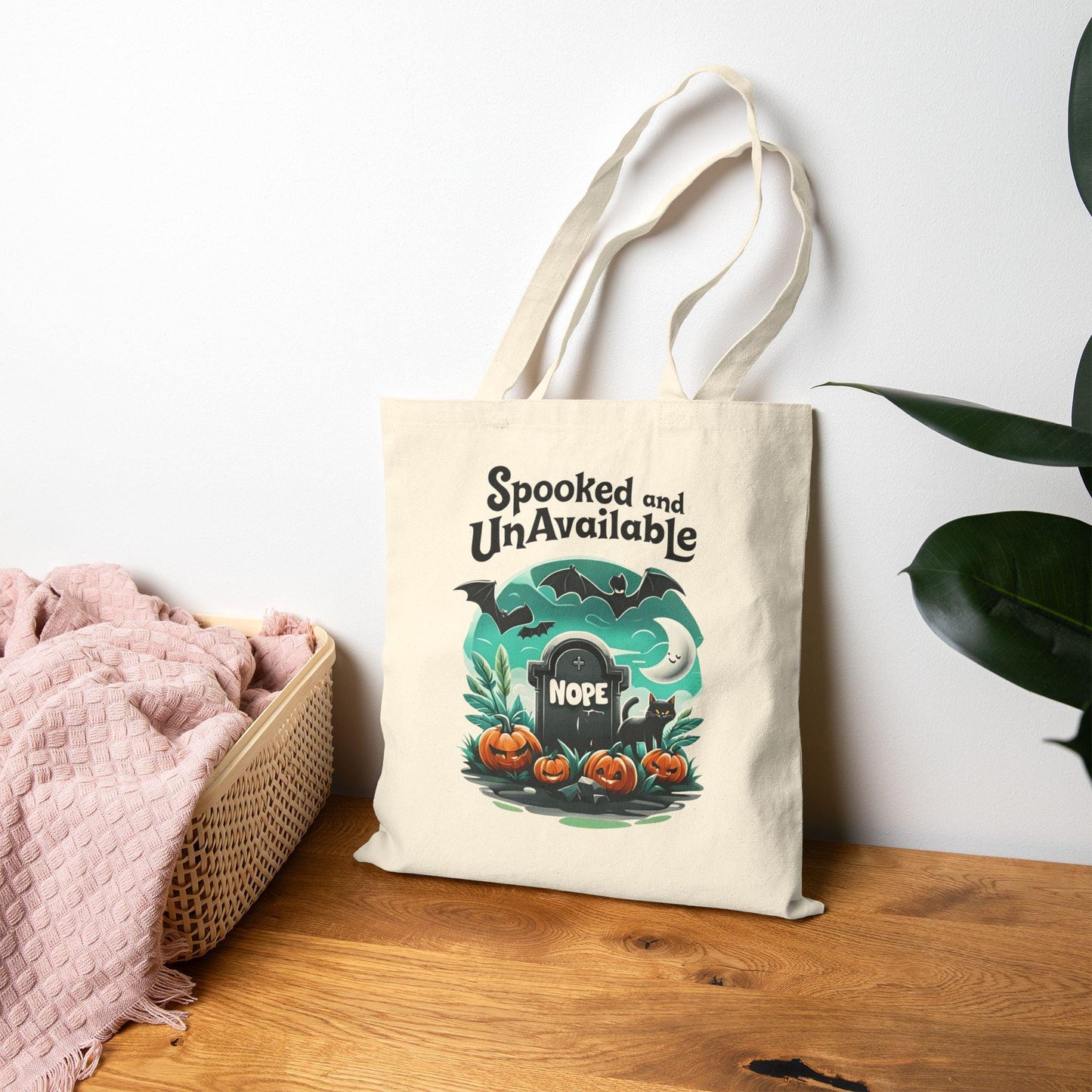 Spooked and Unavailable Halloween Tote Bag: Cotton Canvas Trick or Treat