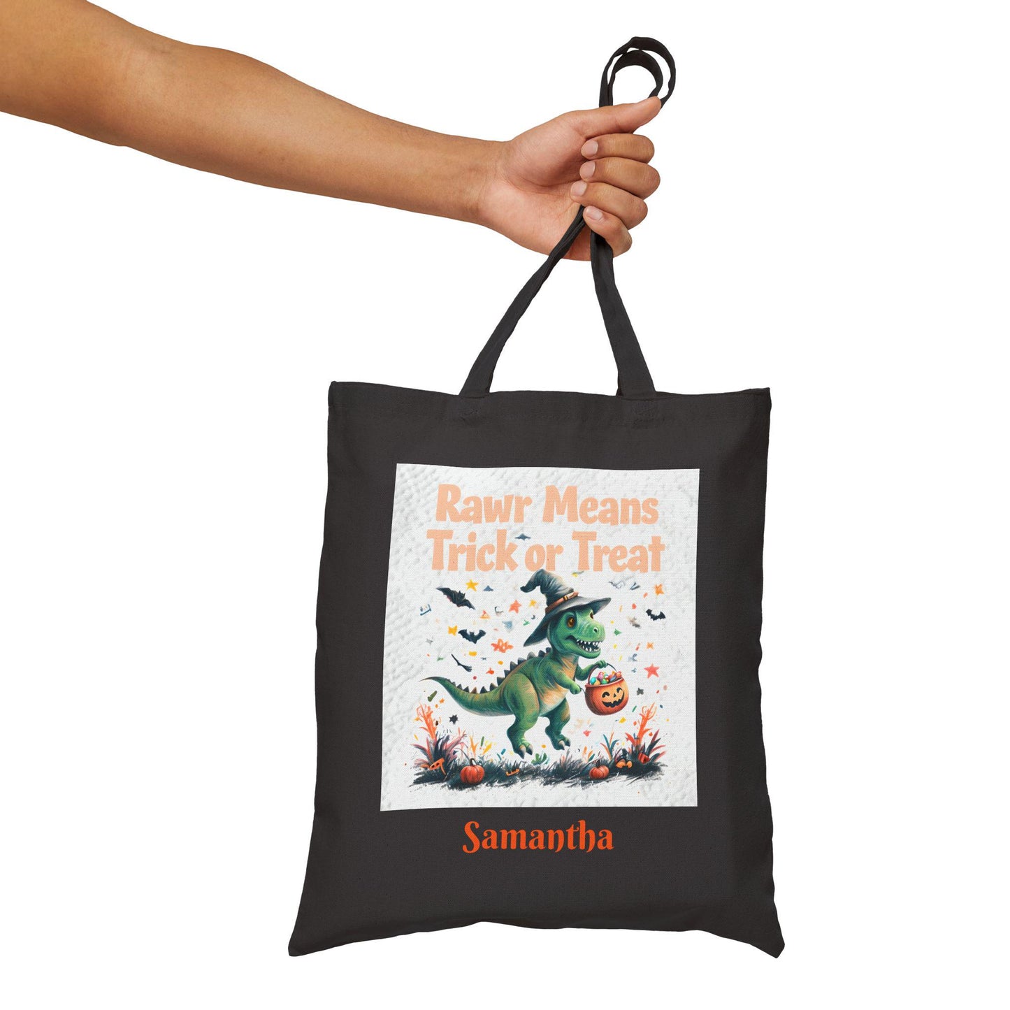 Dinosaur Halloween Tote Bag: Rawr Trick or Treat, Custom Kids Gift