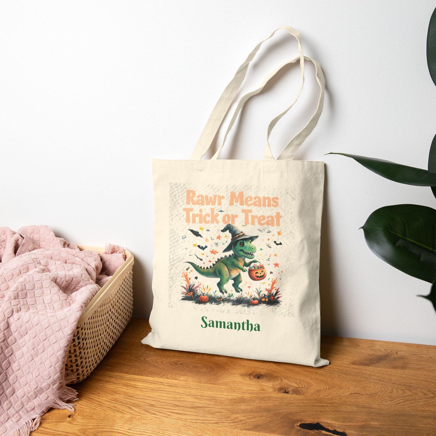 Dinosaur Halloween Tote Bag: Rawr Trick or Treat, Custom Kids Gift