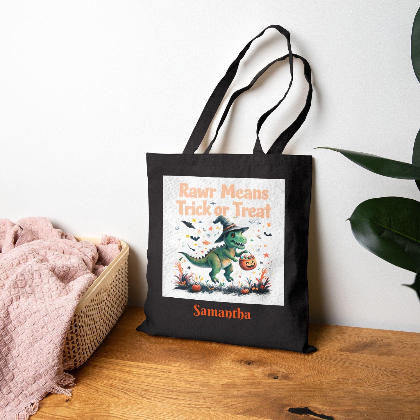 Dinosaur Halloween Tote Bag: Rawr Trick or Treat, Custom Kids Gift