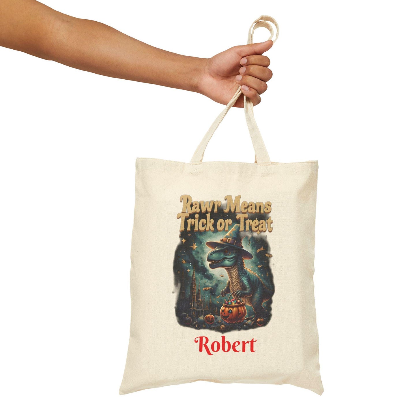 Halloween Dinosaur Cotton Tote Bag: Personalized Trick or Treat Favor