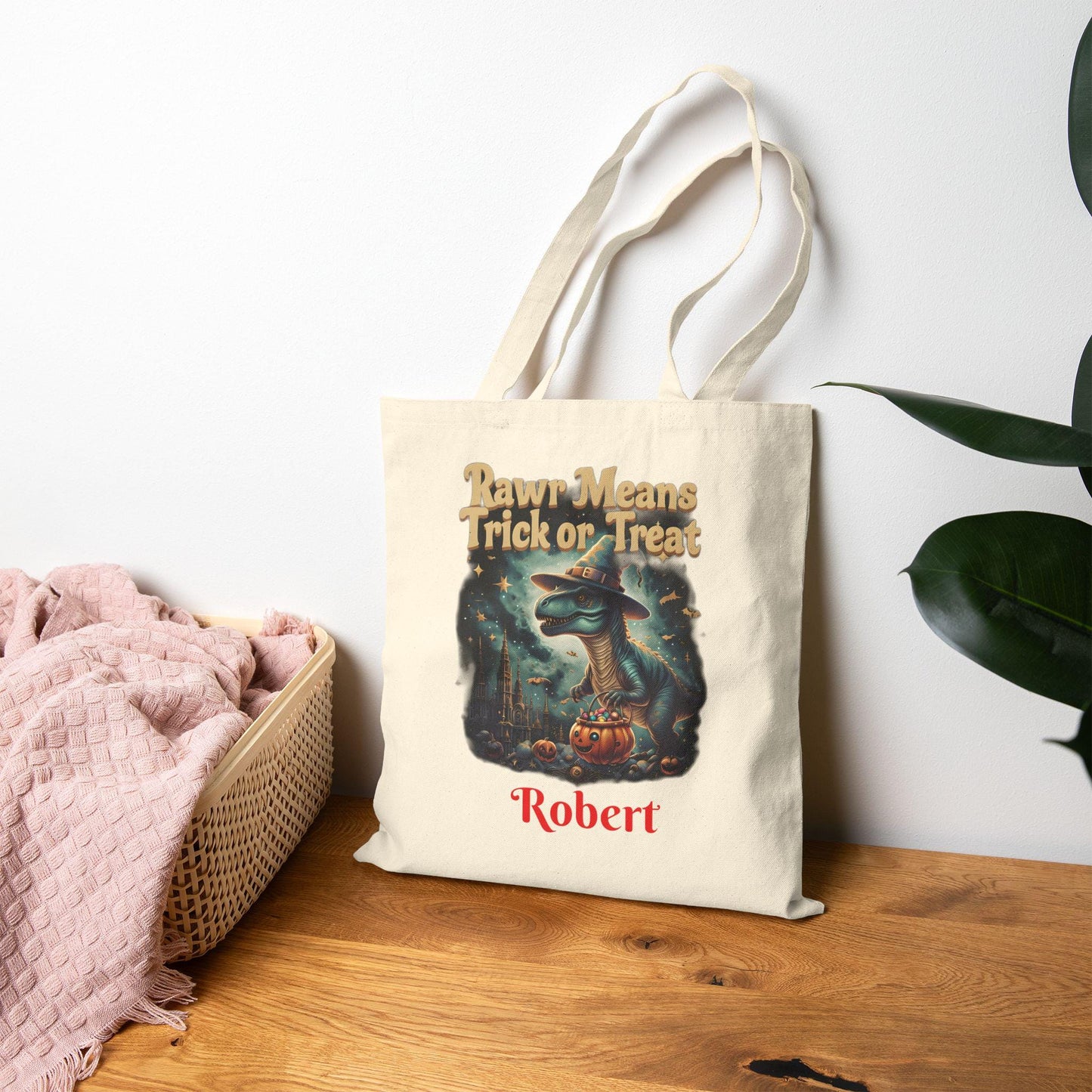 Halloween Dinosaur Cotton Tote Bag: Personalized Trick or Treat Favor