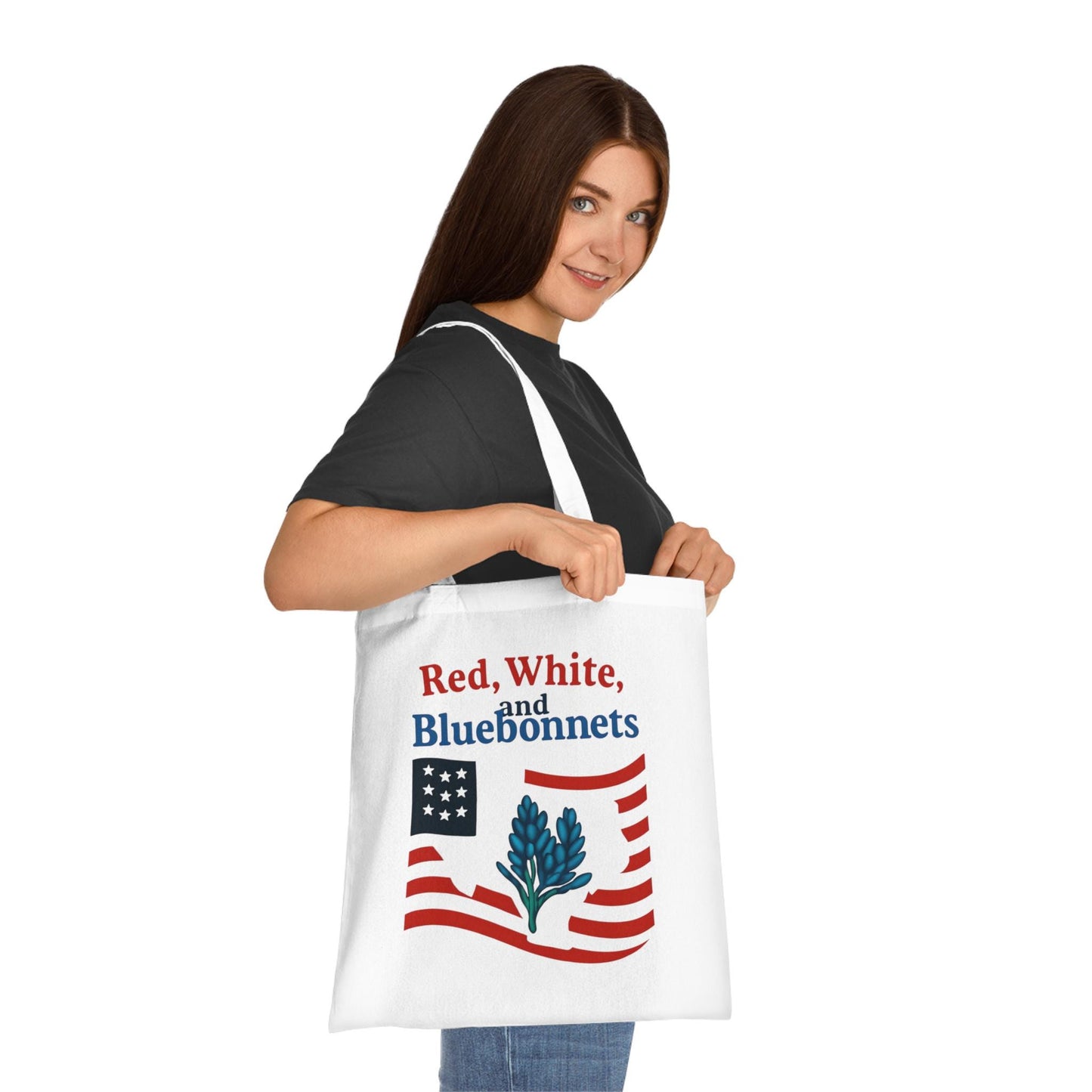 Patriotic Texas Cotton Tote | Red, White, and Bluebonnets Design, Reusable Shopping Bag, Gift Bag, Summer for Independence Day
