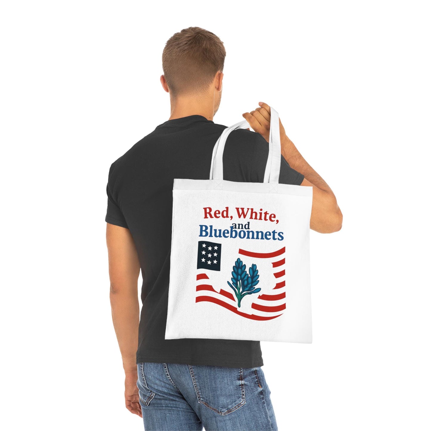 Patriotic Texas Cotton Tote | Red, White, and Bluebonnets Design, Reusable Shopping Bag, Gift Bag, Summer for Independence Day