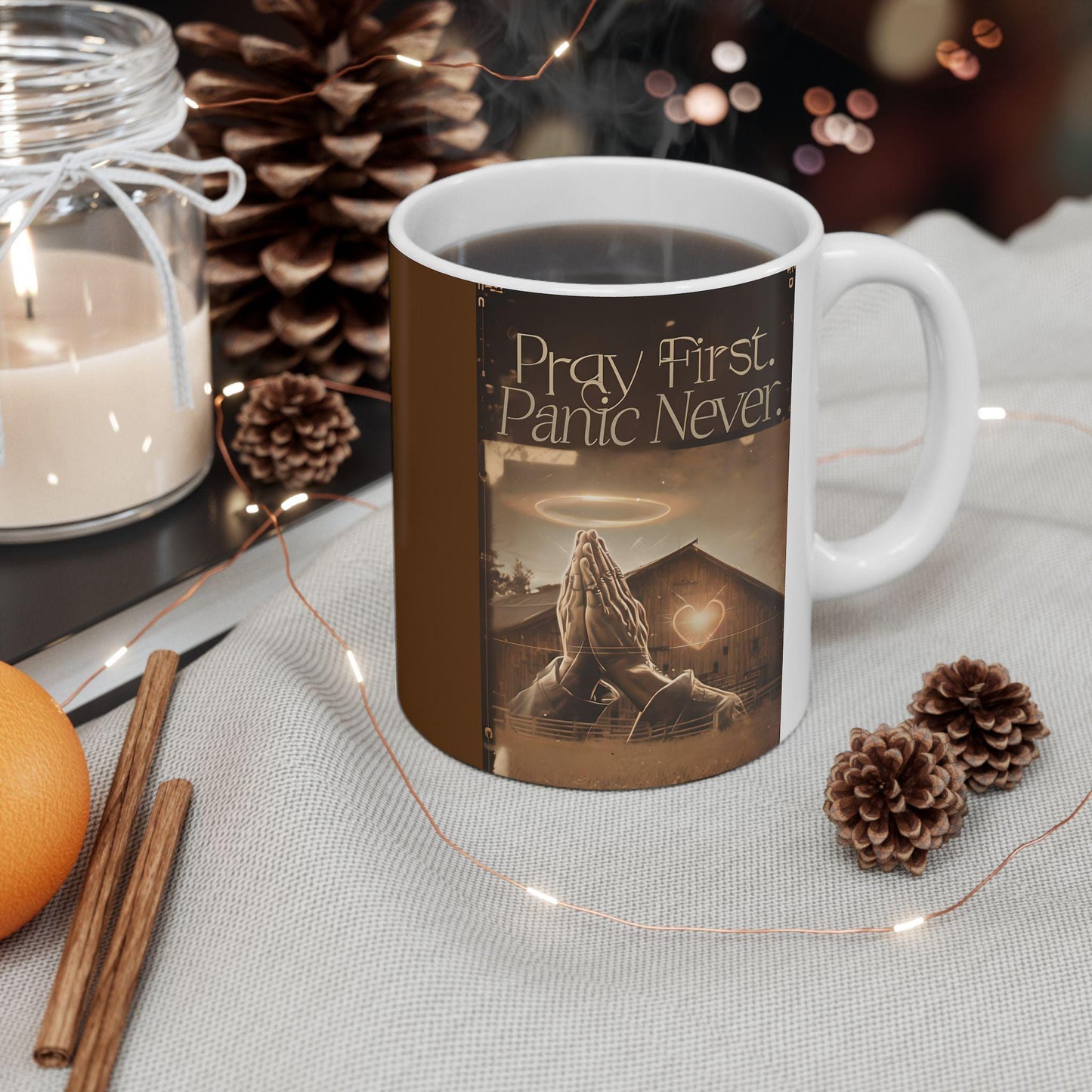 Pray First, Panic Later Ceramic Mug: Inspirational Coffee Lover Gift