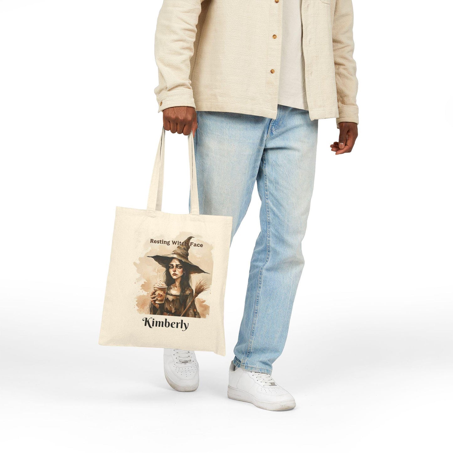 Resting Witch Face Tote Bag: Halloween Cotton Canvas Carryall