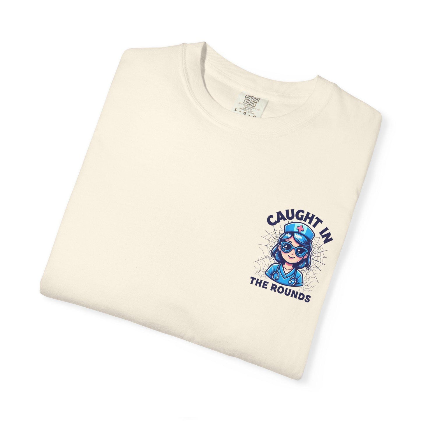 Unisex Graphic Tee - 'Caught in the Rounds', Casual Wear, Gift for Friends, Comfortable Everyday Tee, Fun Summer Shirt, Halloween Nurse