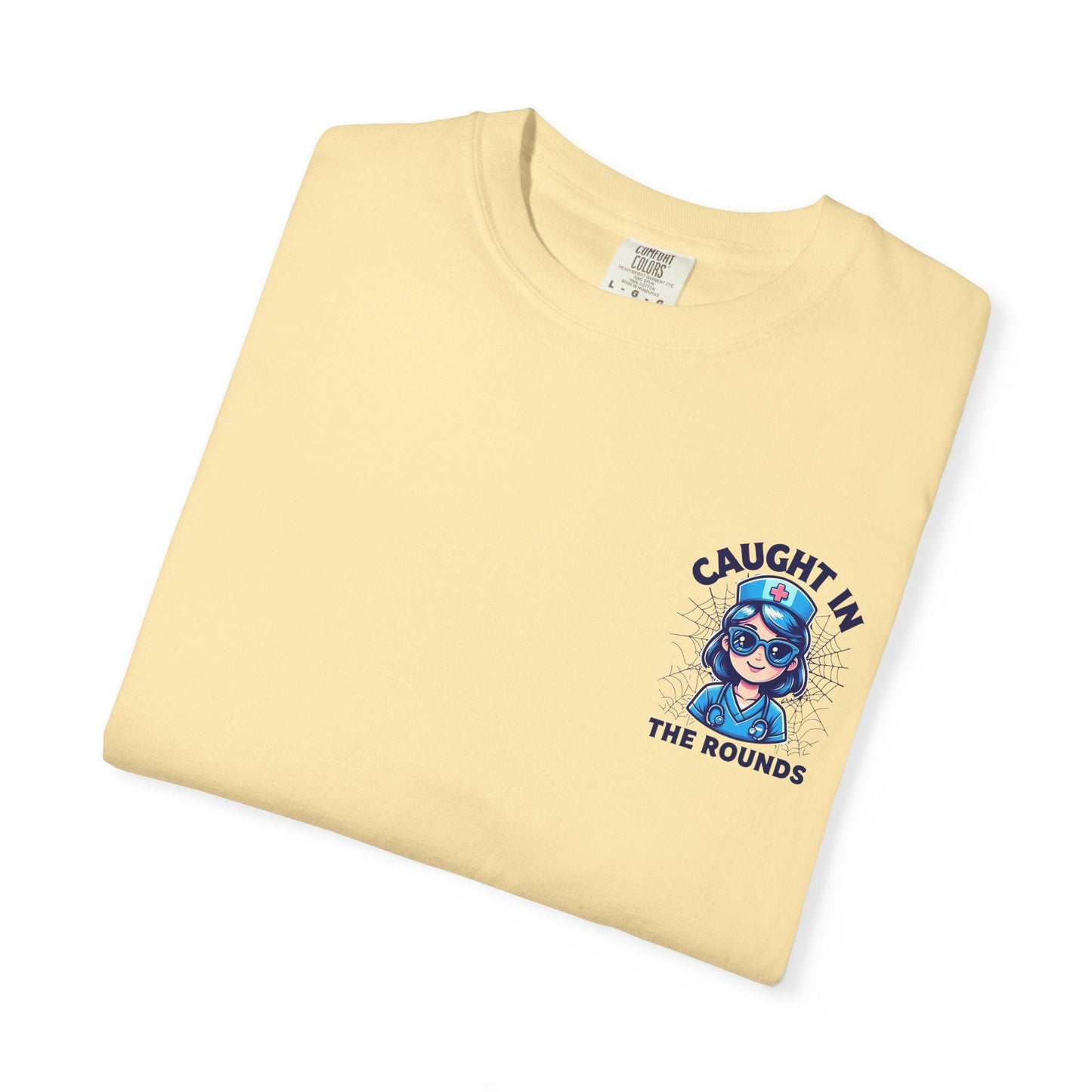 Unisex Graphic Tee - 'Caught in the Rounds', Casual Wear, Gift for Friends, Comfortable Everyday Tee, Fun Summer Shirt, Halloween Nurse