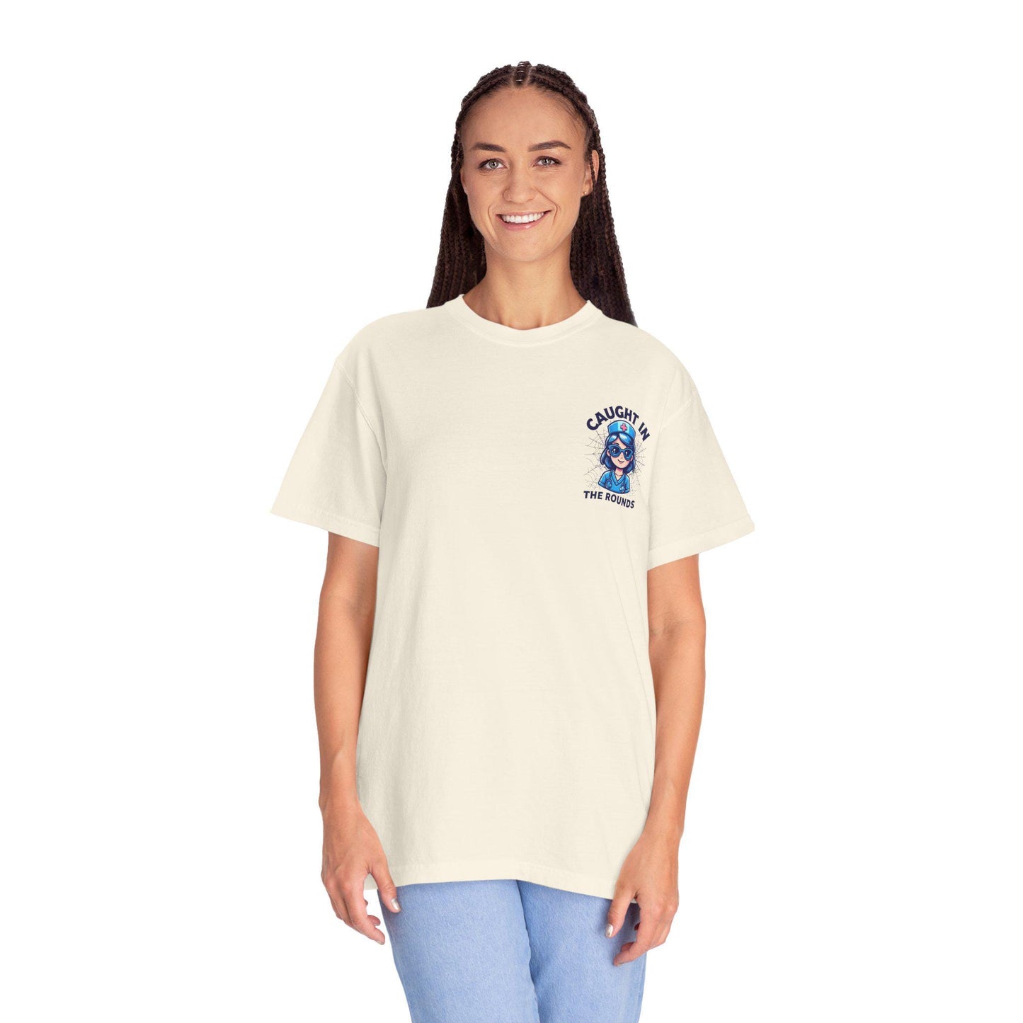 Unisex Graphic Tee - 'Caught in the Rounds', Casual Wear, Gift for Friends, Comfortable Everyday Tee, Fun Summer Shirt, Halloween Nurse