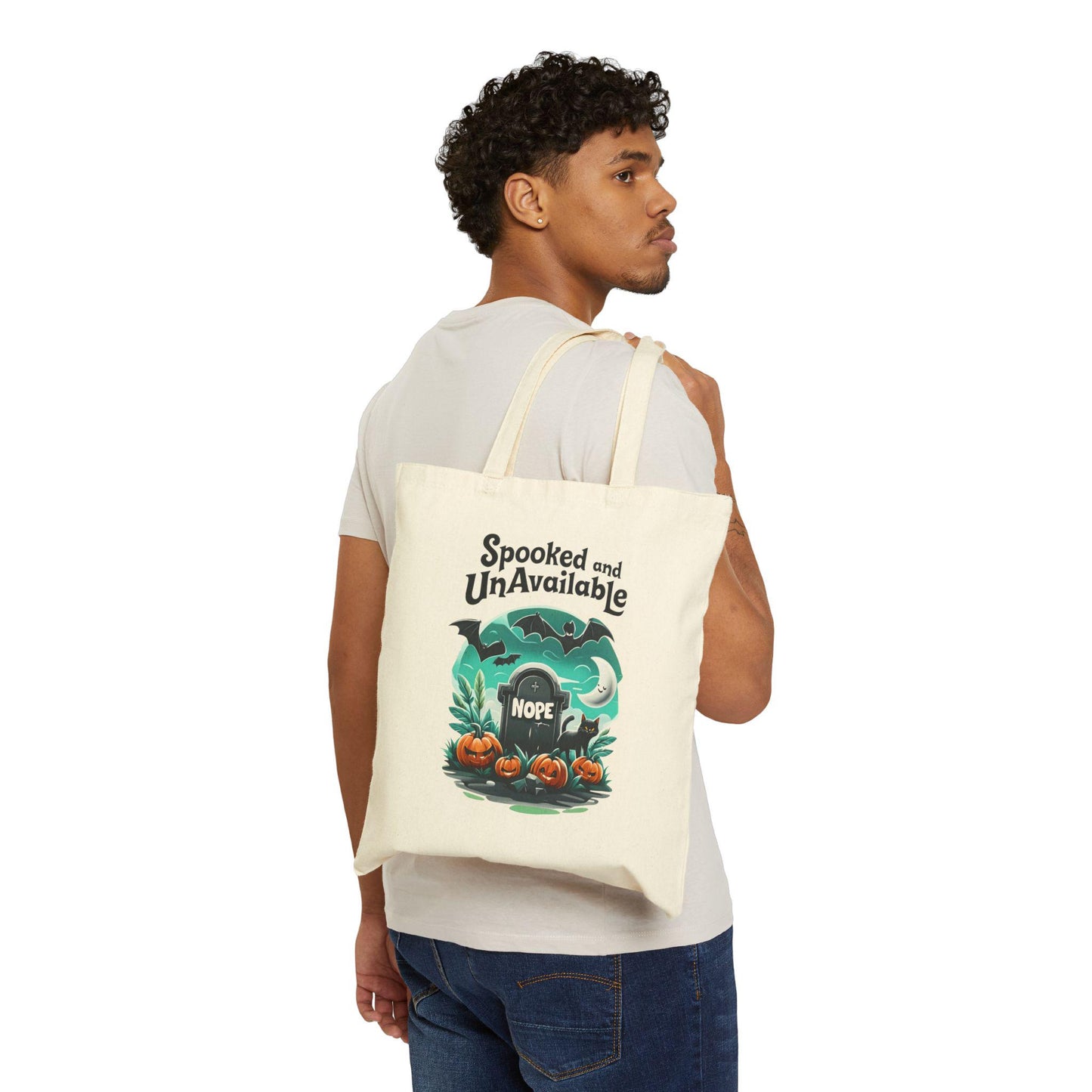Spooked and Unavailable Halloween Tote Bag: Cotton Canvas Trick or Treat