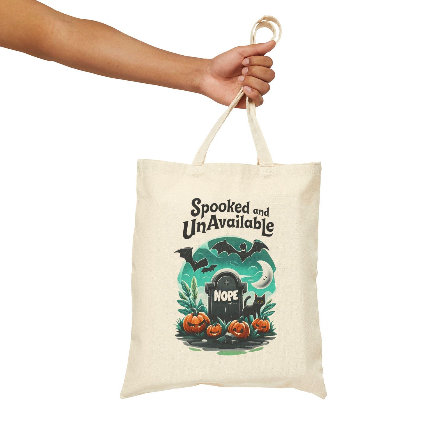 Spooked and Unavailable Halloween Tote Bag: Cotton Canvas Trick or Treat