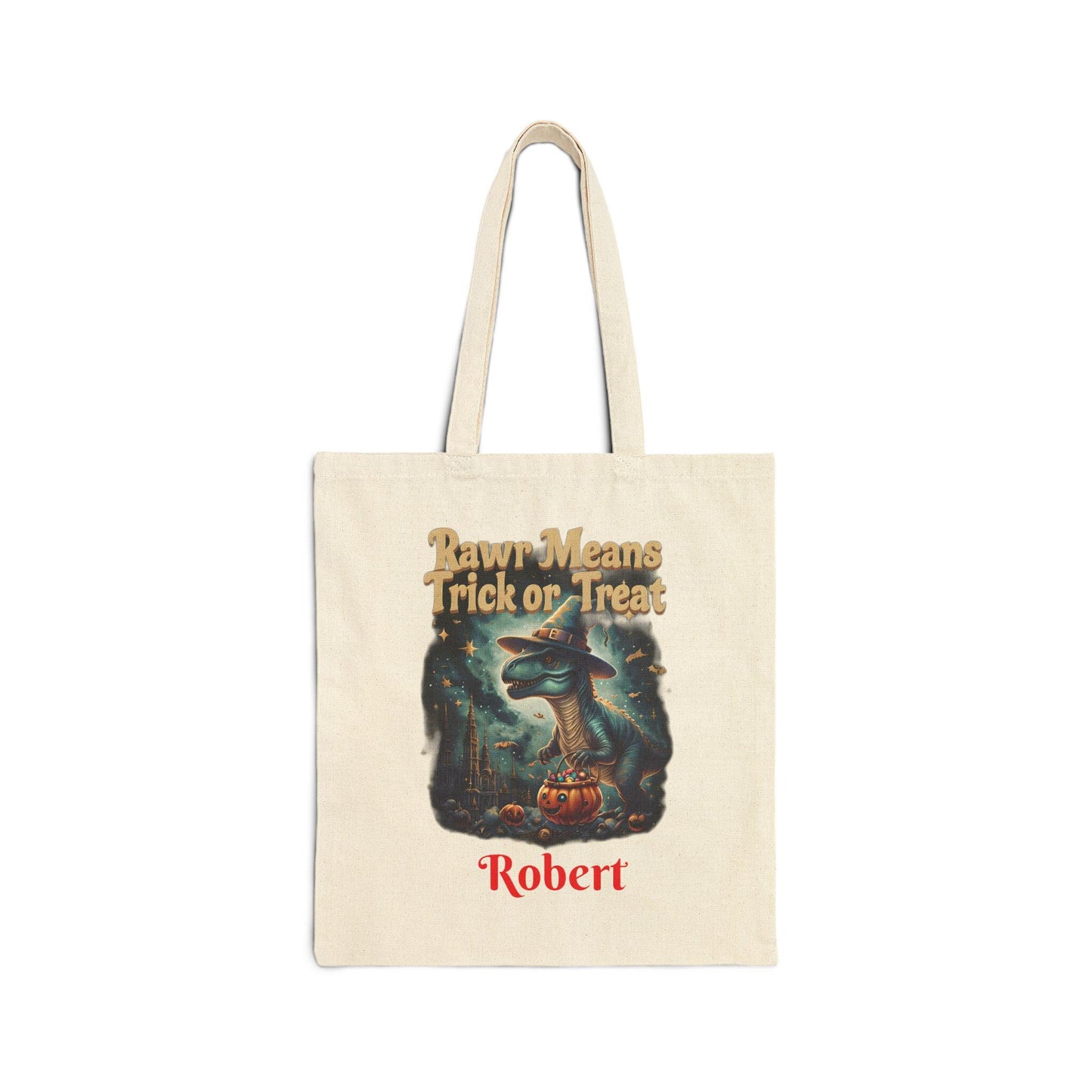 Halloween Dinosaur Cotton Tote Bag: Personalized Trick or Treat Favor