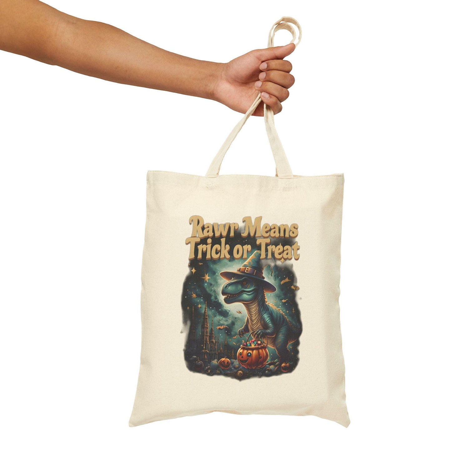 Halloween Dinosaur Cotton Tote Bag: Personalized Trick or Treat Favor