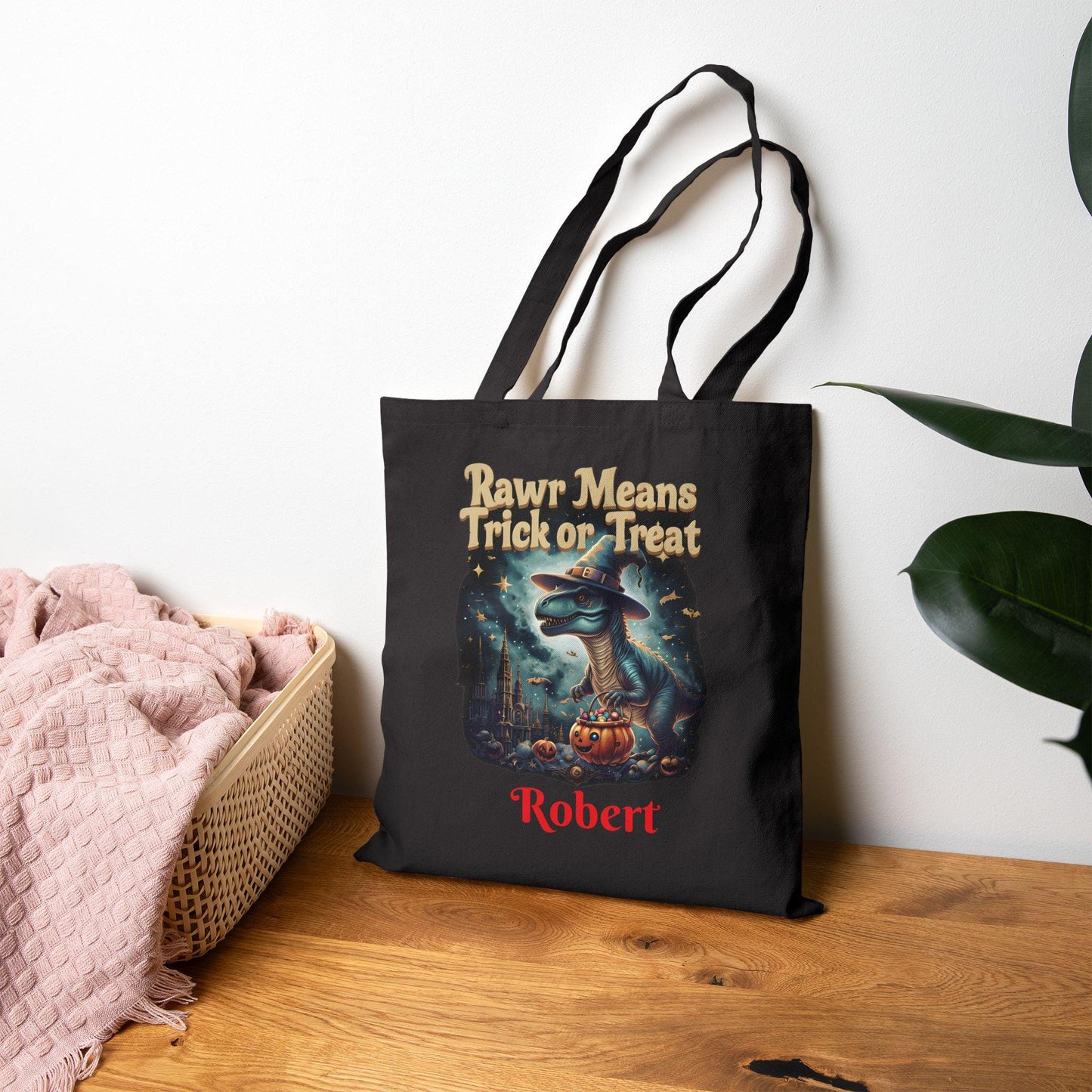 Halloween Dinosaur Cotton Tote Bag: Personalized Trick or Treat Favor