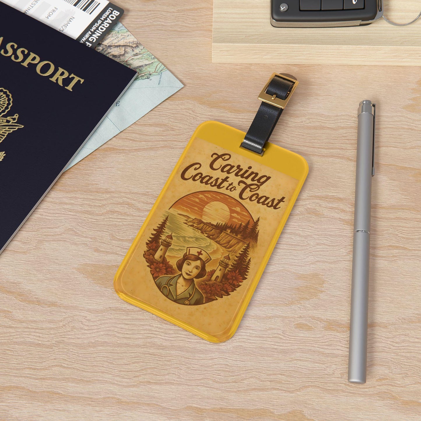 Vintage Travel Nurse Luggage Tag: Oregon Theme, Acrylic with Leather Strap