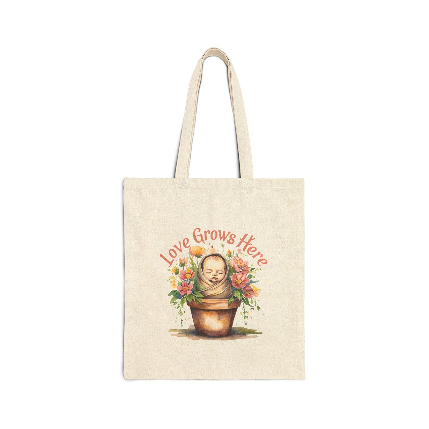 Love Grows Here Cotton Canvas Tote Bag: Floral Eco-Friendly Shopping Bag