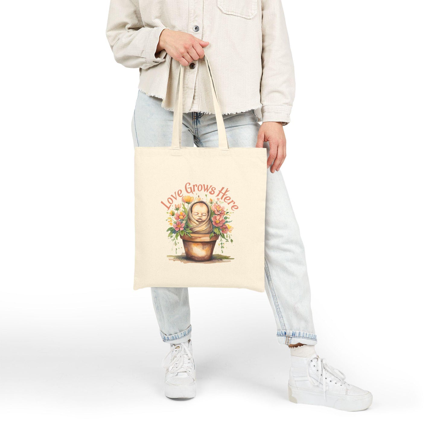Love Grows Here Cotton Canvas Tote Bag: Floral Eco-Friendly Shopping Bag