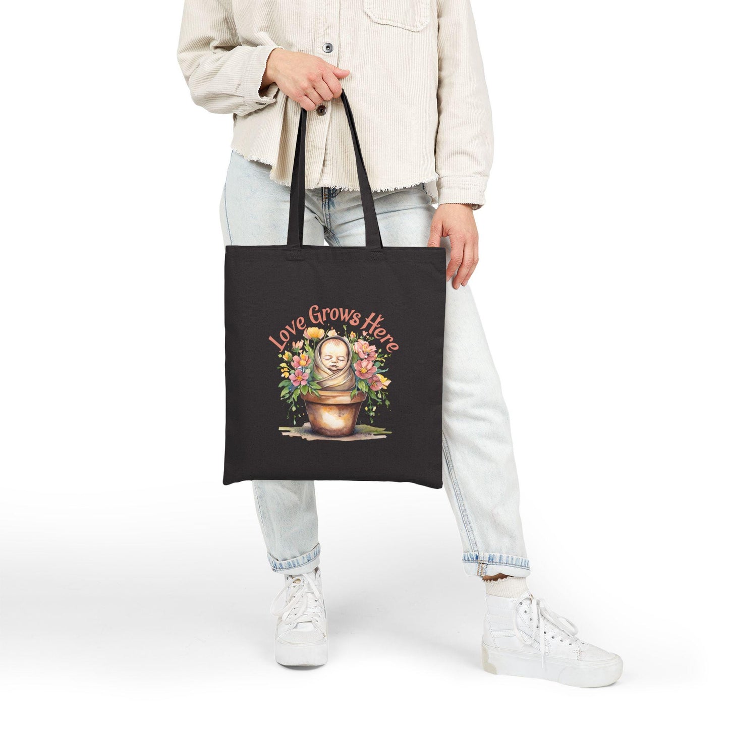 Love Grows Here Cotton Canvas Tote Bag: Floral Eco-Friendly Shopping Bag