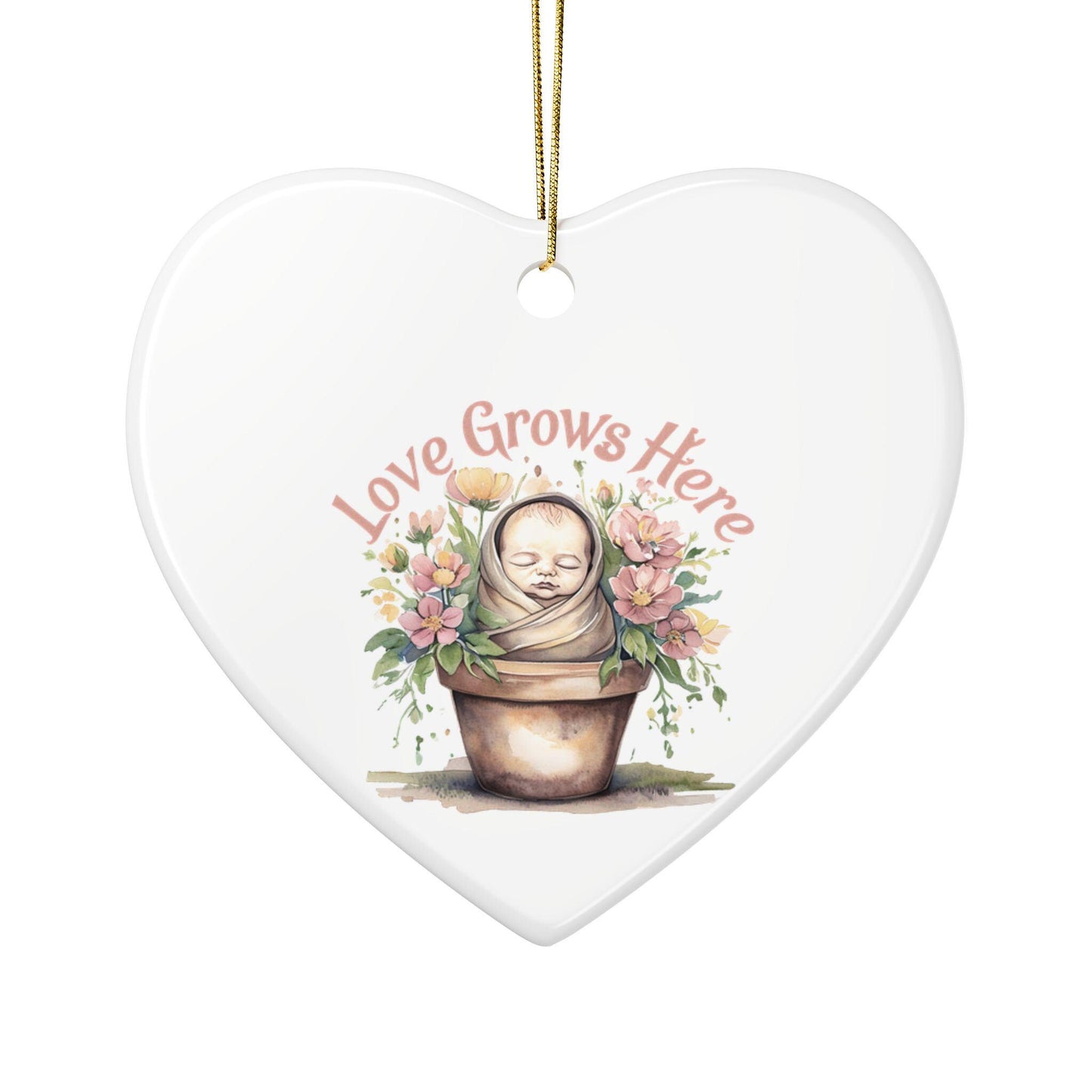 Love Grows Here Ceramic Ornaments, 2-Sided Print, Nursery Decor, Baby Shower Gift, Holiday Ornament, Floral Keepsake