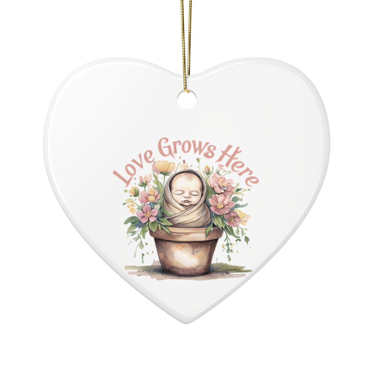 Love Grows Here Ceramic Ornaments, 2-Sided Print, Nursery Decor, Baby Shower Gift, Holiday Ornament, Floral Keepsake