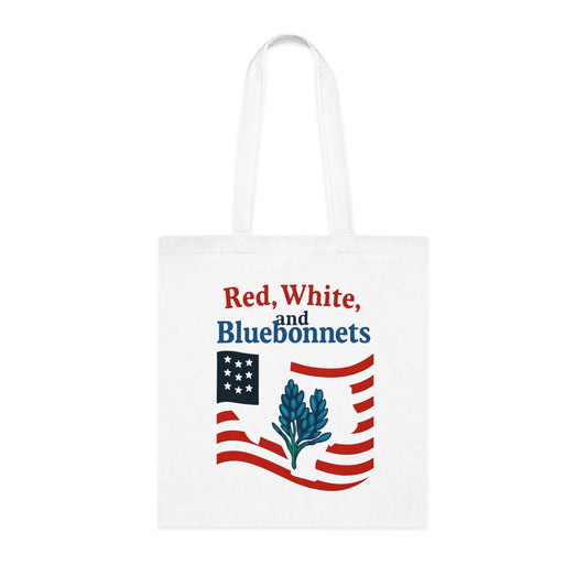 Patriotic Texas Cotton Tote | Red, White, and Bluebonnets Design, Reusable Shopping Bag, Gift Bag, Summer for Independence Day